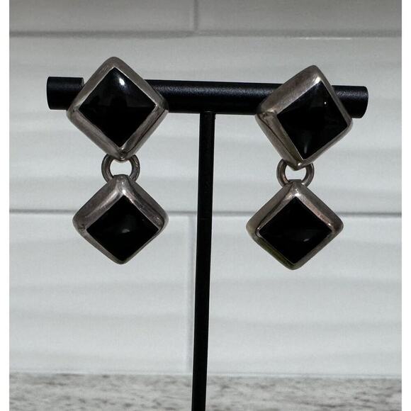 Vintage Sterling Silver Taxco Mexico Black Onyx Inlay Dangle Earrings - Picture 2 of 7
